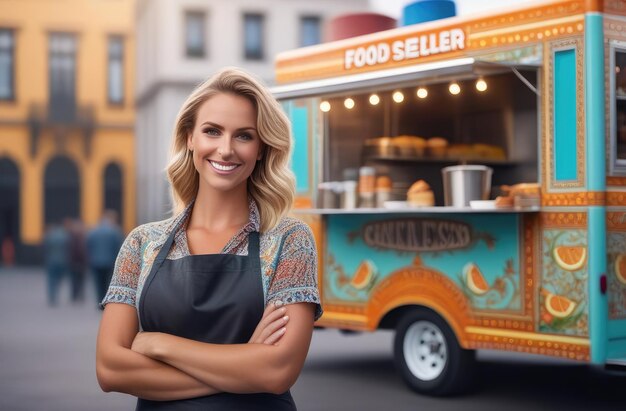 vendedor de comida rápida en la calle sonriendo vendedora caucásica de pie frente al camión de comida al aire libre