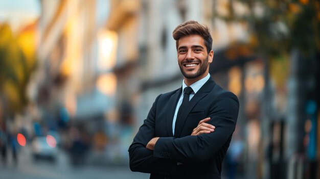 Foto vendedor confiado en un traje haciendo un lanzamiento persuasivo con carisma y encanto