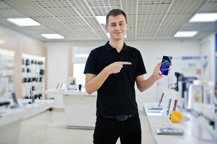 Foto vendedor consultor profissional de celular na loja de tecnologia ou loja segura o novo smartphone à mão e mostra o dedo na tela.