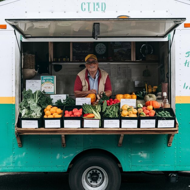 Vendedor de caminhões de comida com exibição de produtos locais