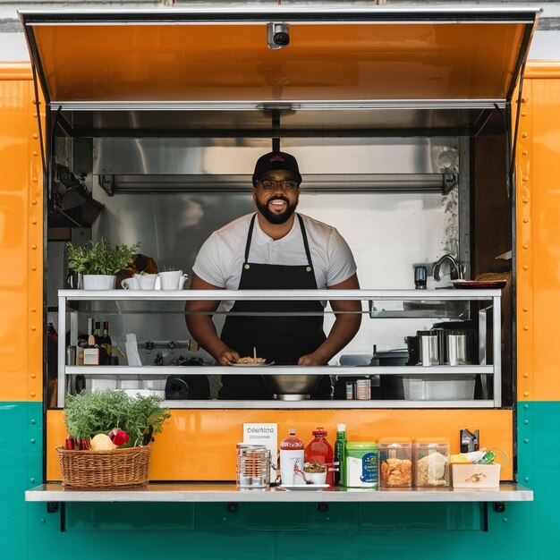 Foto vendedor de food truck com área de preparação de refeições