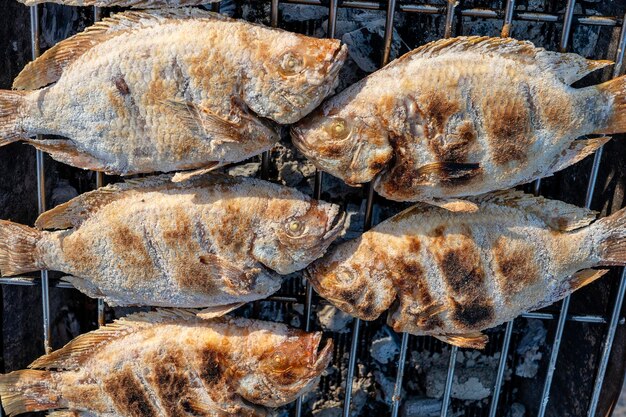 Vendedor de rua tailandês vende peixe grelhado no mercado de rua em koh phangan tailândia fechar