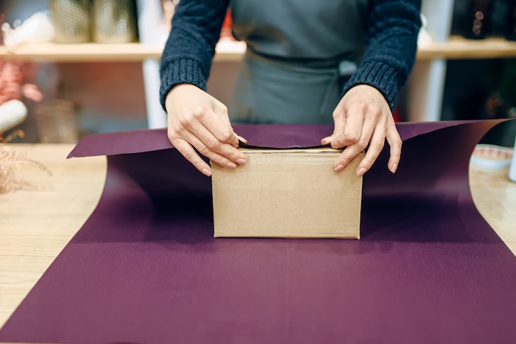 Foto vendedor femenino tiene caja de regalo de cartón sin envolver