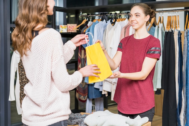 Vendedor feminino dando amarelo sacola para mulher