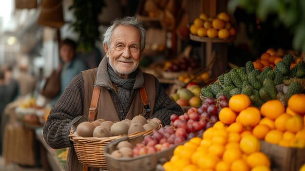 Foto vendedor de frutas en el mercado de la variedad de productos frescos retrato de vendedor de mercado al aire libre