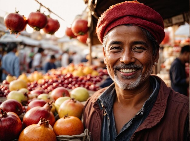 Foto un vendedor indio alegre y sonriente que vende verduras y frutas en el mercado de agricultores