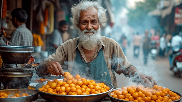 Vendedor indio de Pani Puri en una calle bulliciosa