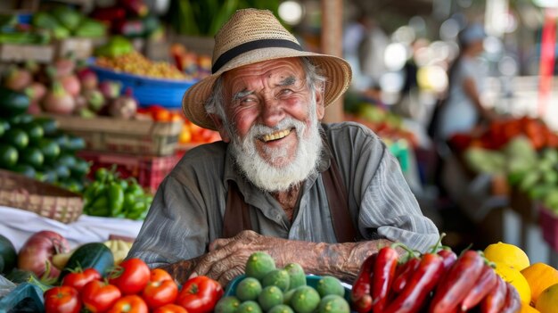 Un vendedor mayor alegre en un puesto de mercado de productos frescos