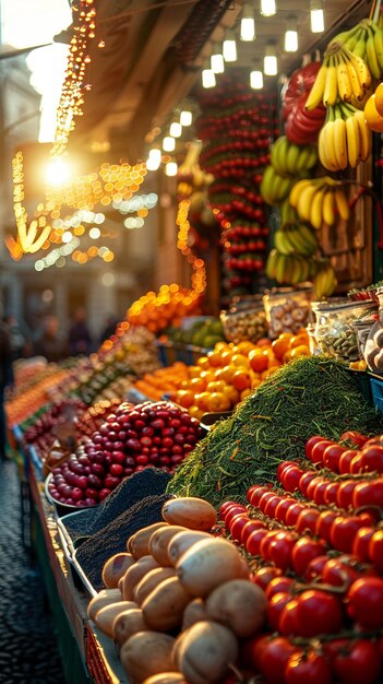 Foto vendedor de mercado de frutas y especias coloridas rodeado de clientes que hablan una variedad de idiomas que mezclan diversas influencias culturales fotografía viñeta de la hora dorada