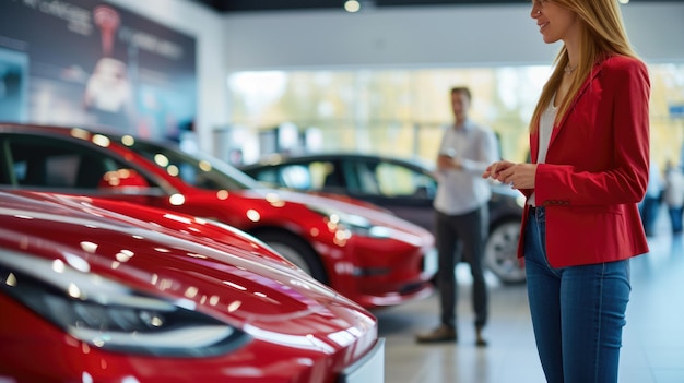 vendedor mostrando el coche eléctrico EV en la sala de exposición de automóviles AIG41