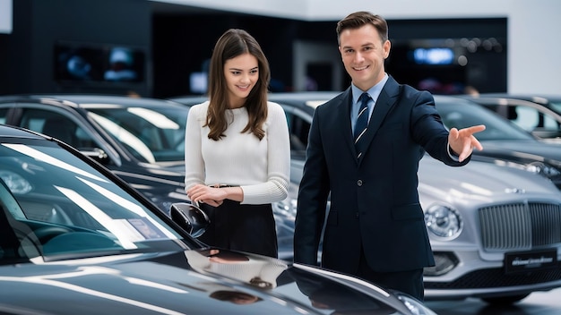 Un vendedor y una mujer buscando un coche en una sala de exhibición de automóviles