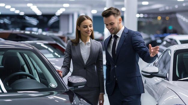 Foto un vendedor y una mujer buscando un coche en una sala de exhibición de automóviles