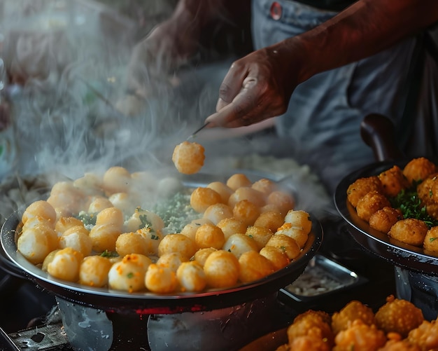 Vendedor de Pani puri ensamblando con talento