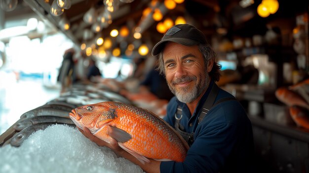 Vendedor de pescado con mercado de pescado fresco Concepto de mariscos saludables para el diseño y el estilo de vida