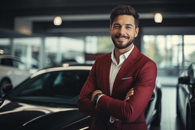 Vendedor profissional de carros de luxo numa loja de luxo Vendedor sorridente numa loja de carros caros