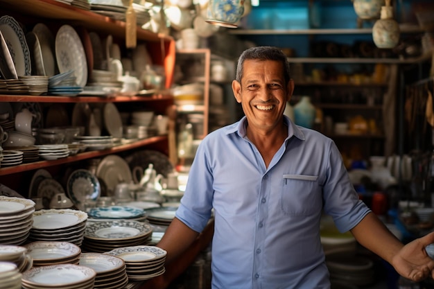 Foto un vendedor sonriente especializado en vajilla que crea una atmósfera acogedora y mejora la experiencia de compra