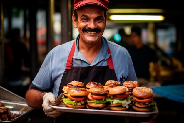 Vendedor sorridente de rua com hambúrguer