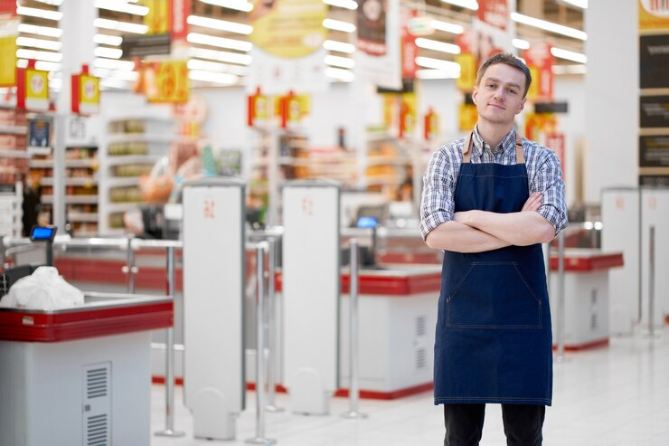 Vendedor en tienda de alimentos se encuentra con las manos cruzadas, copia espacio