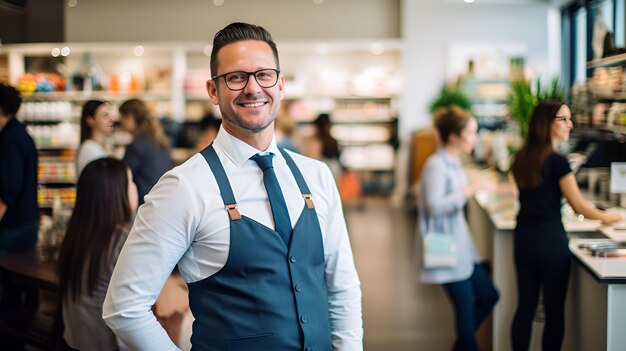 Un vendedor en una tienda minorista mirando los últimos productos El vendedor de la tienda minorista los últimos productos