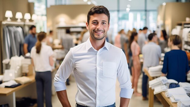 Foto un vendedor en una tienda minorista mirando los últimos productos el vendedor de la tienda minorista los últimos productos