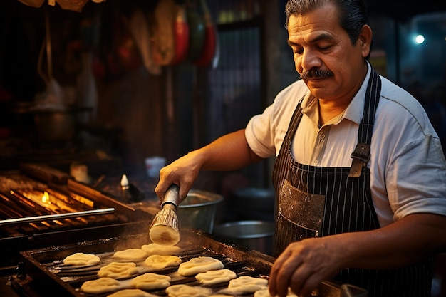 Vendedor tradicional de comida callejera mexicano haciendo gorditas rellenas de frijoles y queso
