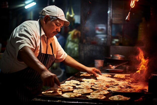 Vendedor tradicional de comida callejera mexicano preparando quesadillas en una parrilla