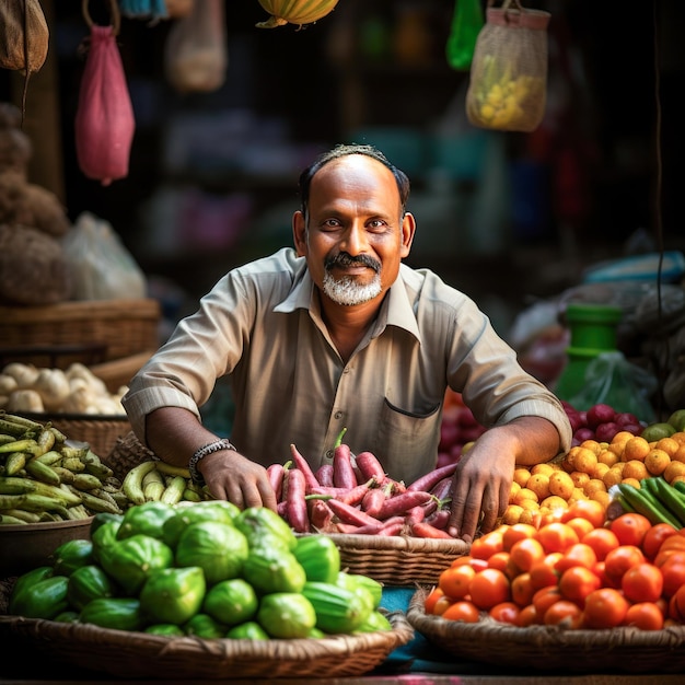 Vendedor de verduras indio sentado en la tienda y sonriendo