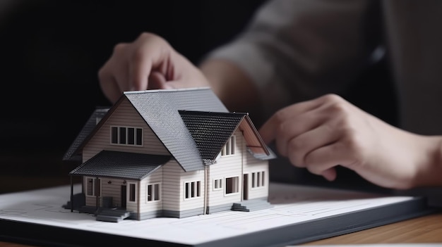 El vendedor de viviendas está entregando una pequeña casa gris al cliente con tecnología de IA generativa