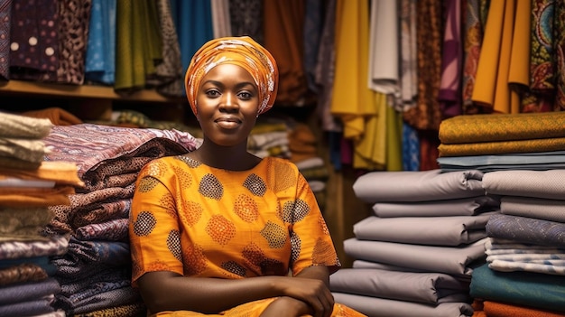 Vendedora africana sonriente en una vibrante tienda de telas que exhibe riqueza cultural, calidez y experiencia IA generativa