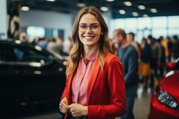 Foto vendedora amigável e sorridente mostrando um carro novo