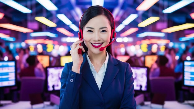 Foto la vendedora asiática del centro de llamadas usa auriculares y sostiene un micrófono para hablar con el cliente