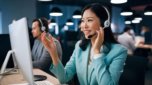 Foto la vendedora asiática del centro de llamadas usa auriculares y sostiene un micrófono para hablar con el cliente