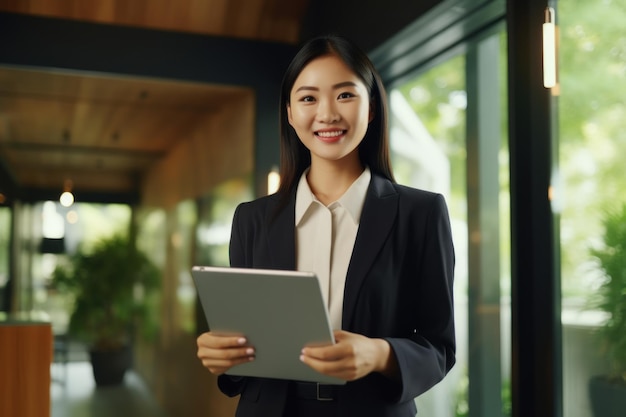 Vendedora asiática sorridente oferecendo serviços profissionais de negócios