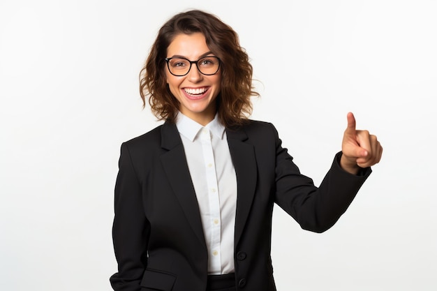 Foto vendedora entusiasta de terno apontando sorrindo e inspirando com um banner