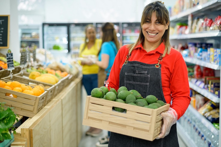 Foto vendedora étnica feliz com uma caixa de abacate no supermercado