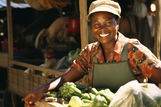 Vendedora femenina madura de pie detrás de un mostrador con una selección de verduras frescas sonriendo positivamente mujer afroamericana en delantal vendiendo productos orgánicos frescos concepto de comida orgánica saludable