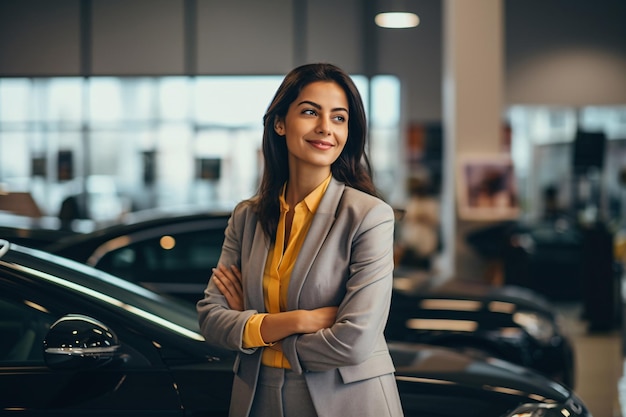 Vendedora profesional de automóviles de lujo en una sala de exhibición de lujo Oficina de concesionario de automóviles Negocios de concesionista de automóviles