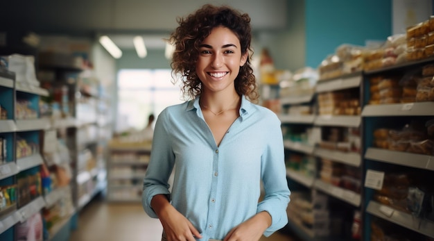 Foto vendedora sorridente com pele imperfeita em uma loja de alimentos fotografia candid uhd