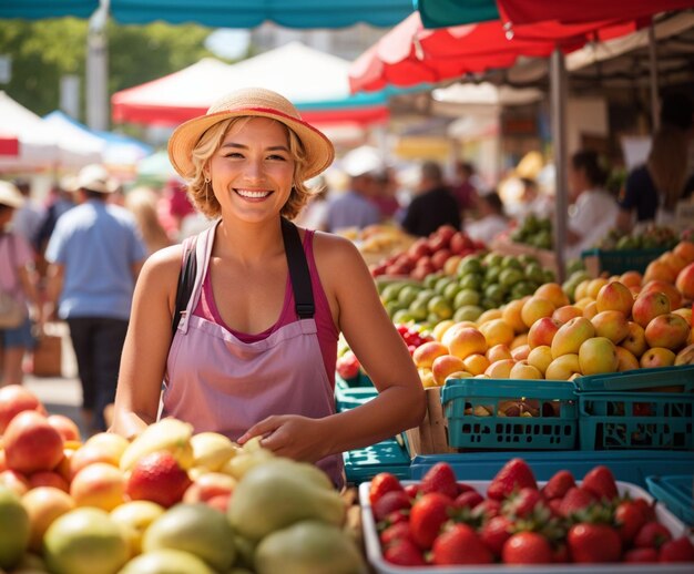 Vendedora sorridente no mercado local de agricultores