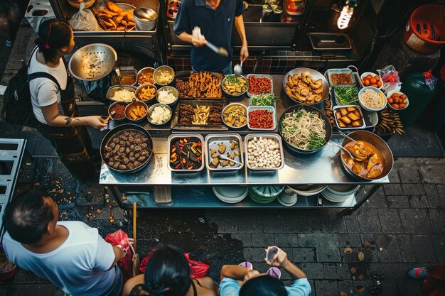 Vendedores ambulantes de comida que ofrecen deliciosas comidas culinarias generativas