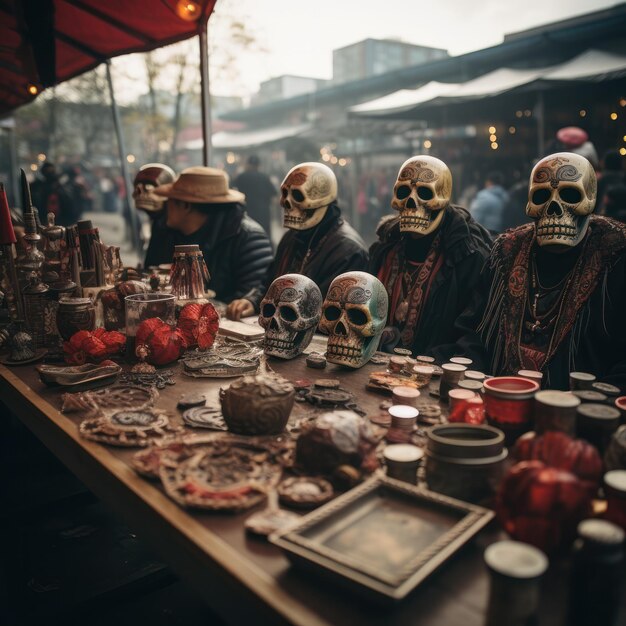 Foto vendedores ambulantes vendendo artesanato do dia dos mortos, caveiras mexicanas e lembranças.