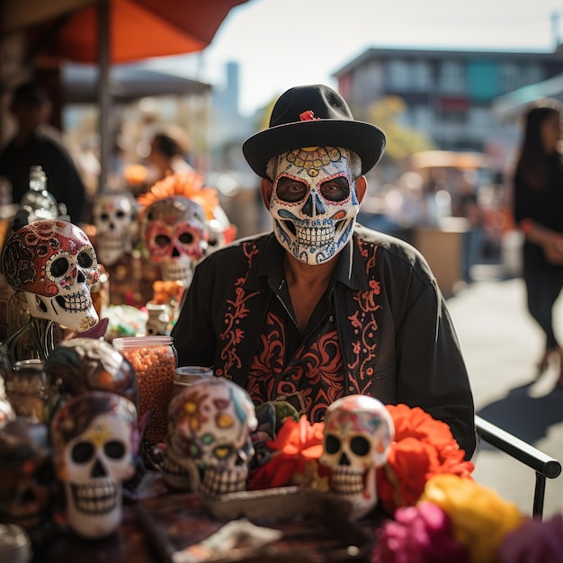 Vendedores ambulantes vendendo artesanato do Dia dos Mortos, caveiras mexicanas e lembranças.