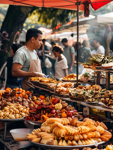 Foto vendedores callejeros vendiendo bocadillos tradicionales en un mercado de sostén fotografía del mercado tradicional y cultural