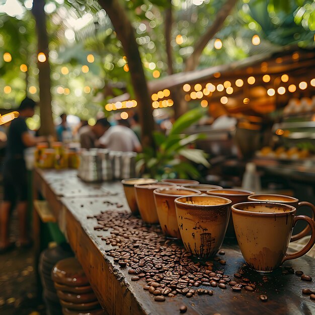 Foto vendedores de café vendendo copos recém-fervidos em um mercado em co traditional and culture market photo