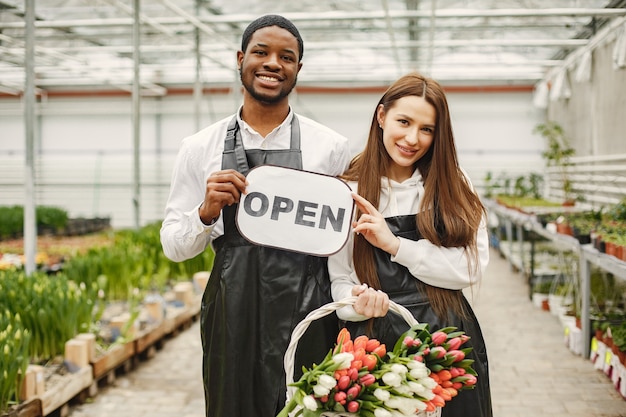 Vendedores de flores con un cartel. Jardineros en delantales. Muchos tulipanes en invernadero.