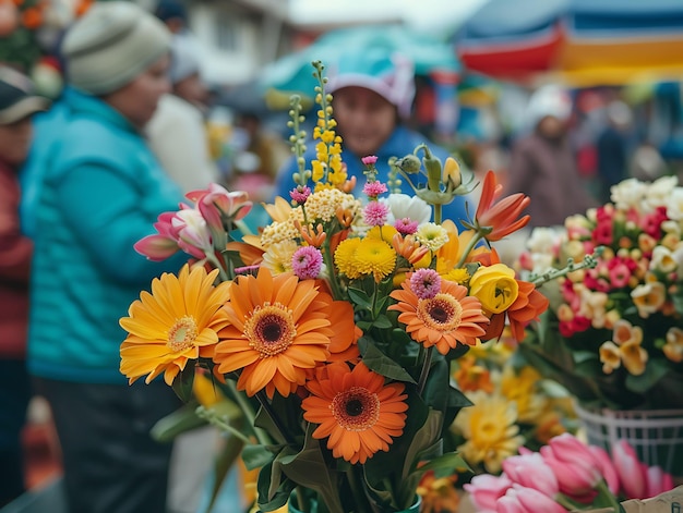 Foto vendedores de flores vendiendo ramos vibrantes en un mercado en el mercado tradicional y cultural de ecuador foto