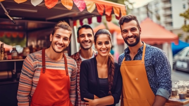 Vendedores jovens felizes em um caminhão de comida Venda de rua de IA generativa e ideia de pessoas