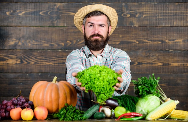 Vender verduras Hombre maduro agricultor barbudo sostener verduras fondo de madera Mercado local Concepto de cultivos cultivados localmente Comprar verduras granja local Tipo agricultor típico Festival de la cosecha del mercado agrícola