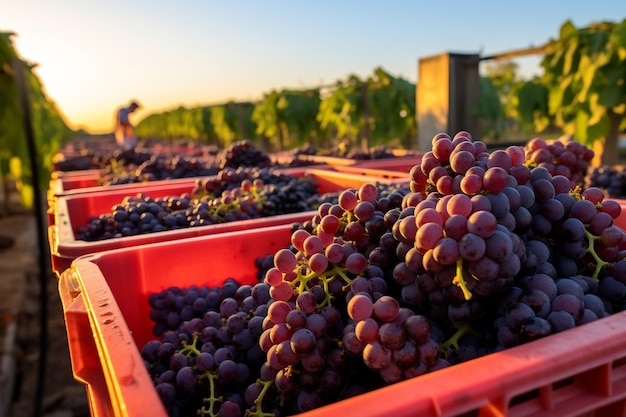 Foto vendimia en pleno apogeo con uvas maduras