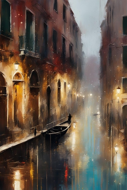 Venedig nachts digitale Malerei neblige regnerische Herbstatmosphäre Illustration